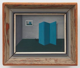 Gertrude Abercrombie, Untitled (Blue Screen, Black Cat, Print of Same), 1945. Oil on board, 8 x 10 inches. Courtesy Karma Gallery.