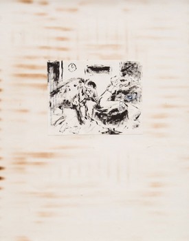 Emily Sundblad, Illustration for Living Currency, 2012, ink and YSL eyeliner on club stationary, mounted on BBQ’d paper, 14 x 11 inches