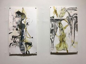 Installation shot showing Jeffrey Bishop, Monoprint #56, 2018, and #51, 2016. Chine collé, silkscreen and watercolor on Somerset, 21 x 12.5 inches. Courtesy of the Artist