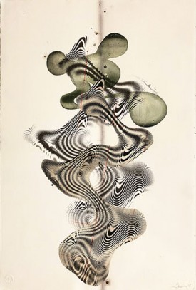 Jeffrey Bishop, Monoprint #68, 2018. Chine collé, silkscreen and watercolor on Somerset, 21 x 12.5 inches. Courtesy of the Artist