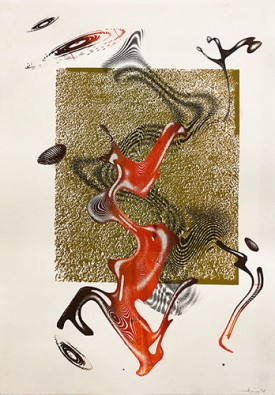 Jeffrey Bishop, Monoprint #71, 2018. Chine collé, silkscreen and watercolor on Somerset, 21 x 12.5 inches. Courtesy of the Artist