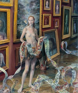 Julie Heffernan, Self-Portrait with Shipwreck, 2018. Oil on canvas, 72 x 60 inches. Courtesy of the artist and P.P.O.W. Gallery