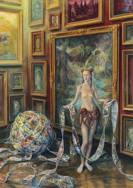 Julie Heffernan, Self-Portrait with Spill, 2018. Oil on canvas, 96 x 68 inches. Courtesy of the artist and P.P.O.W. Gallery