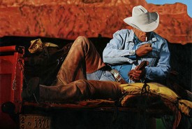 Hannes Schmid, Cowboy #5 (Tailgate), 2007. Oil on linen, 48 x 71 inches. Courtesy of Mitchell Algus Gallery