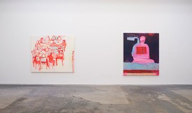 Installation view, Katherine Bradford: Friends and Strangers, at CANADA, New York, 2018, with Lunch Painting (left) and Water Lady, both 2018.