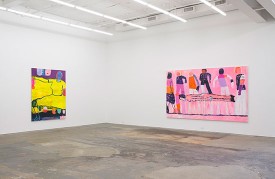 Installation view, Katherine Bradford: Friends and Strangers, at CANADA, New York, 2018, with Yellow Dress (left) and All of Us, both 2018.