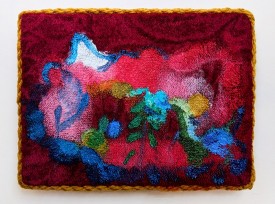 Ewelina Bochenska, Sciezki Blasku, 2018, oil and yarn on rug, 10x7.5in, image courtesy of the artist