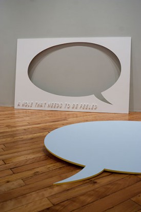 Monique Johannet, A Hole That Needs to Be Feeled, 2011. Enamel on wood, two parts, 48 x 76 inches and 45 x 62 inches. Courtesy of the artist