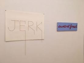 Installation shot, Monique Johannet: Intimations at The Painting Center, New York, 2018, showing Jerk, 2012 and Cuntrol Freak, 2012. Courtesy of the artist