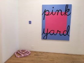 Installation shot, Monique Johannet: Intimations at The Painting Center, New York, 2018, showing He Loves Me, He Loves Me Not, 2011 (ground); Pink Inch; Pink Yard, 2013. Courtesy of the artist