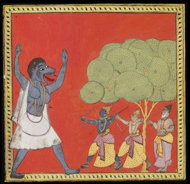 Page from the Ramayana: Rama and Lakshmana shooting at a female demon, watched by Vishmamitra, ca. 1750, Andhra Pradesh.