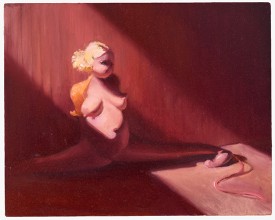 Lisa Yuskavage, Split, 1997. Oil on panel, 7 7/8 x 9 7/8 inches. Courtesy the artist and David Zwirner, New York/London © Lisa Yuskavage.