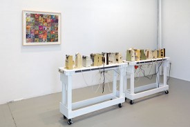 Brian Belott, Can Opener Keyboard, 2017. Can openers, wood, hardware, in two parts, 42 x 52 x 12 inches each. Courtesy of the artist and Gavin Brown’s enterprise