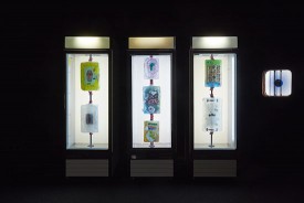 Installation shot of the exhibition under review with three untitled works from 2018, each with found objects in ice suspended in freezer with hardware. Courtesy of the artist and Gavin Brown’s enterprise