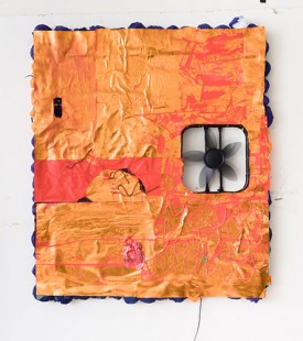 Brian Belott, Untitled (Fan Puff), 2016. Mixed media, 85-1/2 x 75-1/2 x 5 inches. Courtesy of the artist and Gavin Brown’s enterprise