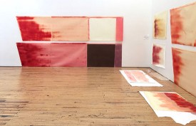 Installation view, Z from Domain of the Variable, 1972/2018. Chipboard, contact cement, paper, grease, and charcoal. 60.5 x 180 inches. Photo: Rebecca Allan