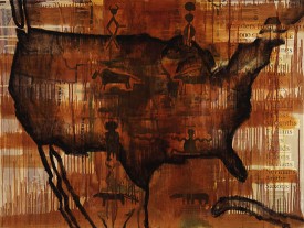 Jaune Quick-to-See Smith, Browning of America, 2000. Oil and mixed media on canvas. Crocker Art Museum © Jaune Quick-to-See Smith.