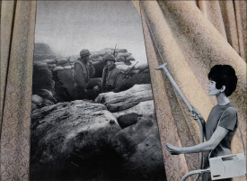 Martha Rosler, Cleaning the Drapes, from the series House Beautiful: Bringing the War Home, c. 1967—72. Photomontage. Artwork © Martha Rosler; image courtesy of the artist and Mitchell-Innes & Nash, New York