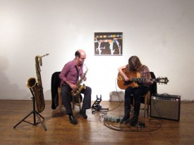 Michael Attias and Mary Halvorson 2011 concert at White street, with work by Thomas Nozkowski. Photo: Ariane Lopez-Huici