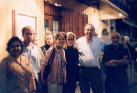 Movies in Rosendale, July 10, 2000, Saturday. L-R: Joyce Robins, Casimir Nozkowski, Catherine Murphy, Judy Linn, Suzanne Joelson (plaid blouse), Lesley Dill, Tom Nozkowski, Gary Stephan. Photo (c) Harry Roseman