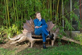 Claude Lalanne in 2018 seated on one of her crocodile benches. Photo: (c) Luc Castel