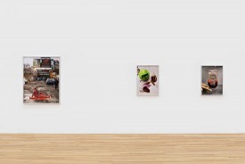 Installation shot of the exhibition under review, courtesy of Andrew Kreps Gallery, New York, showing two still lives by Roe Ethridge discussed by Kardon, Penn and Wet Butt, center, and White Asparagus and Ketchup, right, both 2019.