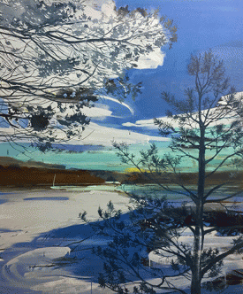 Claire McConaughy, Suede Blue Lake, 2019. Oil on canvas, 72 x 60 inches. Courtesy of the artist and the Painting Center