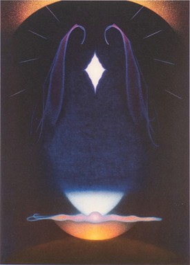 Agnes Pelton, Alchemy, 1937-39. Oil on canvas, 36.25 x 26 inches. The Buck Collection at the UCI Institute and Museum for California Art