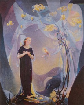 Agnes Pelton, Room Decoration in Purple and Gray, 1917 Oil on canvas, 65.5 x 53.38 inches. The Wolfsonian-FIU, The Mitchell Wolfson, Jr. Collection:
