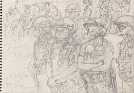 Steve Mumford, Officers Wong, Castillo and Chen at Occupy City Hall, New York City, Jul. 15, 2020, 2020. Pencil on paper, 11 x 15.5 inches. Courtesy of Postmasters Gallery and the Artist