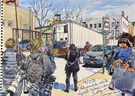 Steve Mumford, Photojournalists Outside Wyckoff Medical Center, Brooklyn, NY, Apr. 7, 2020, 2020. Ink and watercolor on paper, 11 x 15.5 inches. Courtesy of Postmasters Gallery and the Artist