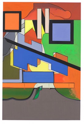 Thomas Scheibitz, Pile, 2020. Oil, vinyl and pigment marker on canvas, 57 1/8 x 37 3/8 x 1 1/8 inches. Courtesy of the artist and Tanya Bonakdar Gallery, New York