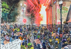 Steve Mumford, Attacking the Federal Courthouse, Portland, OR, Jul. 25, 2020, 2020. Pencil, ink, and watercolor on paper, 11 x 15.5 inches. Courtesy of Postmasters Gallery and the Artist