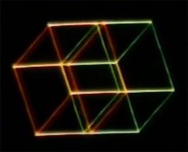 Still from Banchoff and Strauss’s 1978 film The Hypercube: Projections and Slicing, which is still as good an introduction to four-dimensional math as can be found. (Scroll ahead to the 1 minute mark to skip the extended 3-D title sequence, a novelty at the time.) https://www.youtube.com/watch?v=90olwwLdEYg