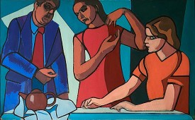 Leland Bell, Family Group with Teapot, 1980. Oil on canvas, 32 x 52 1/2 inches. Courtesy of the Artist and BCK Fine Arts Gallery