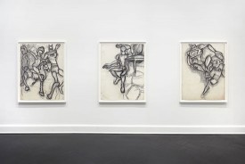Installation shot of Joyce Pensato: Batman vs. Spiderman at Petzel Gallery, New York
