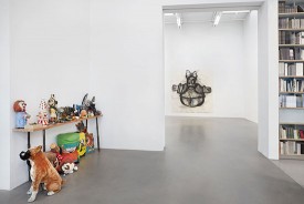 Installation shot of the exhibition under review showing Joyce Pensato, Daisy, 2012, to the right. Courtesy of Petzel Gallery, New York