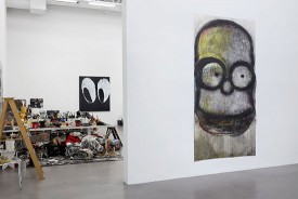 Installation shot of the exhibition under review showing Joyce Pensato, Underground Homer, 2019, to the right. Courtesy of Petzel Gallery, New York