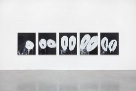 Joyce Pensato, What's Next, 2015. Enamel on linen, Set of five paintings, 48 x 40 inches each. Courtesy of the Estate of Joyce Pensato and Petzel Gallery, New York
