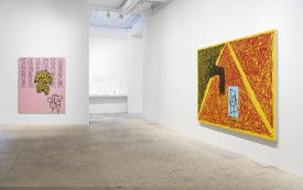 Installation shot of Jonathan Lasker, Born Yesterday at Greene Naftali, 2021, showing Spiritual Etiquette, 1991, left, and the title painting of the exhibition, 1989, right. Courtesy the artist and Greene Naftali, New York.