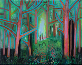 Jennifer Coates, Mystery Cult, 2021. Acrylic and spray paint on canvas, 16 x 20 inches. Courtesy of the Artist and High Noon Gallery